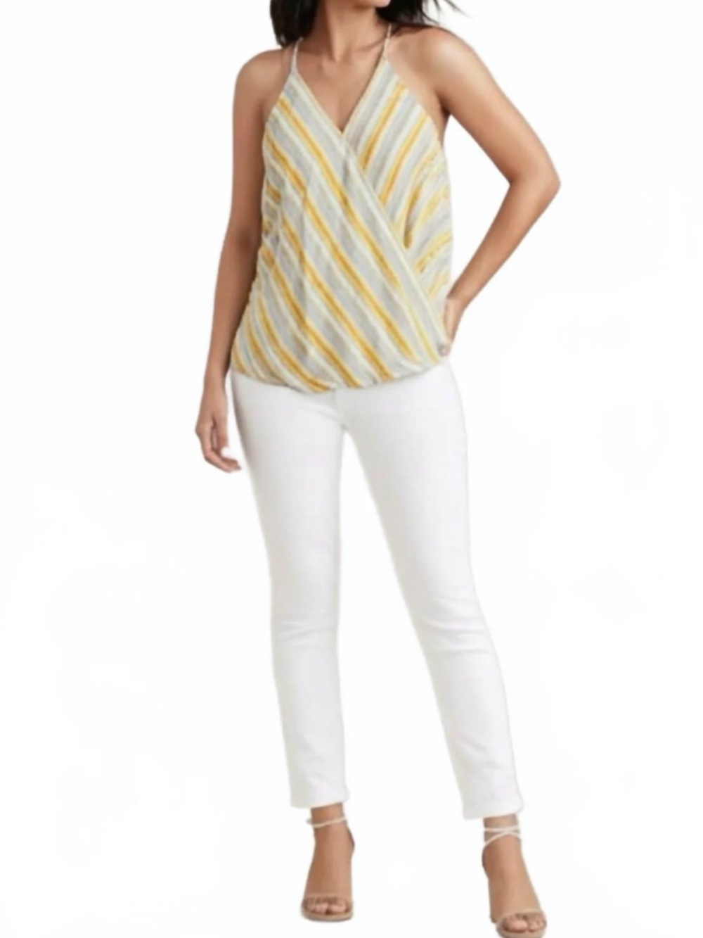 Market & Spruce Tulip Hem Sleeveless Blouse Yellow Stripe Tank Top Size Large
